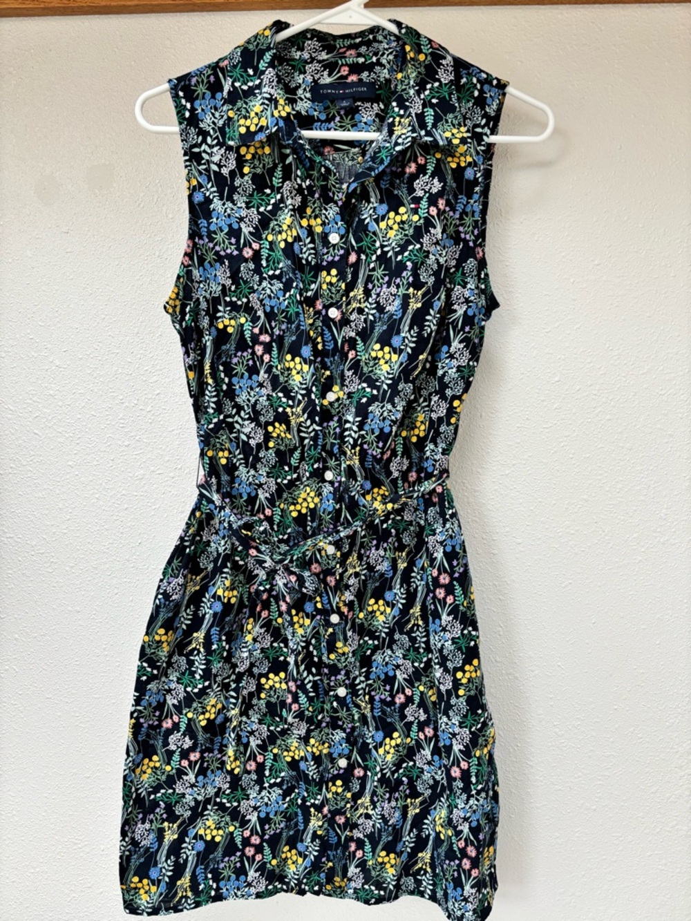 Tommy Hilfiger Navy Floral Midi Dress with Yellow, Blue, Green Accents